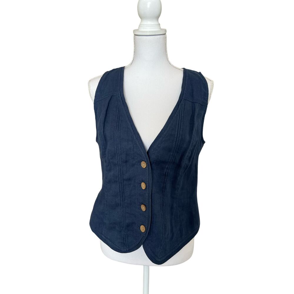 Coldwater Creek Vest Women's Size 10 Blue Linen Wooden Buttons Lace Back